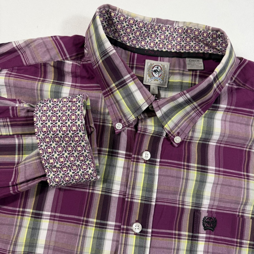 Cinch Mens Plaid Button Down Shirt Long Sleeve Western‎ L Purple Green